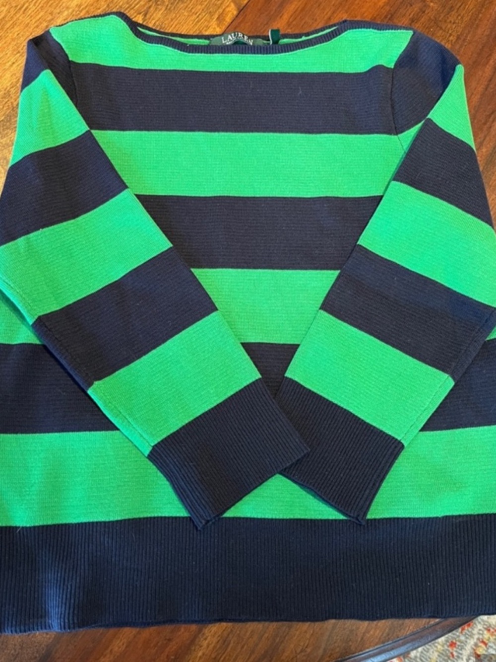 Lauren Ralph Lauren Navy & Green Wide Stripe Boatneck Sweater